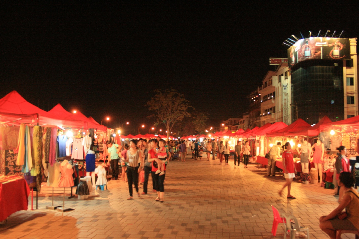 Vientiane Night Market looks pretty with red-roofed stalls