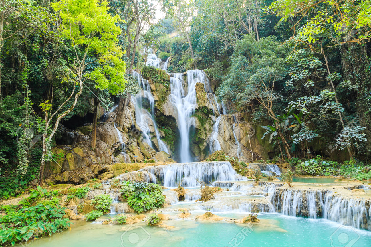 Magical image of Kuang Si waterfall